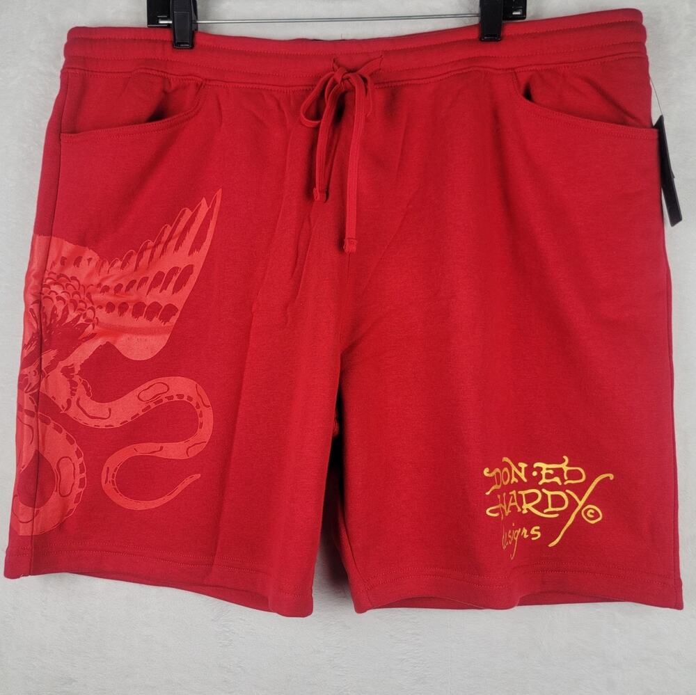 Men 2X Knit Shorts Drawstring Pocket Red Graphic Skull Designer Street Casual